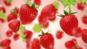 Fresh Strawberries floating against red background. Super Slow motion, selective focus. 3d animation video, 4K