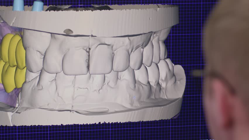 Program on computer display used by dental technician to make prosthetic restoration for teeth. Program Designing Prosthetic Teeth For Treatment. Royalty-Free Stock Footage #3433212931