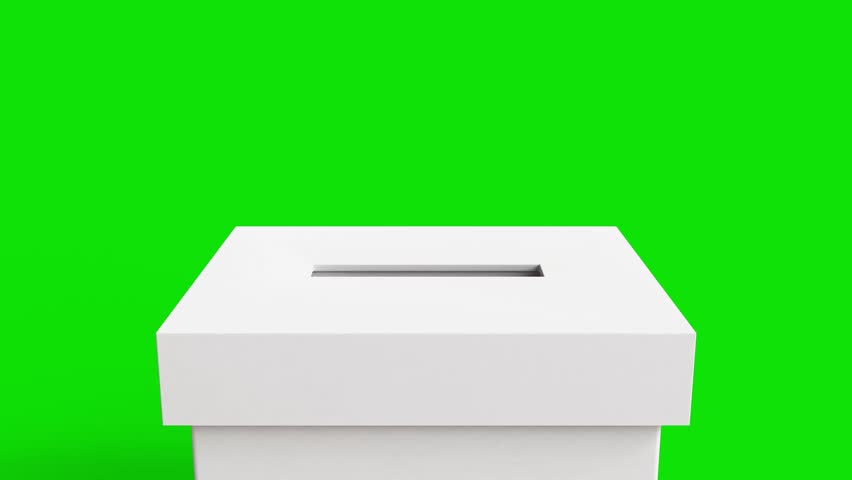 Vote into a ballot box during elections. Casting a vote in ballot box. Putting paper in ballot box on green screen for chroma key use. Voting or elections concept. 4k 3d loop animation