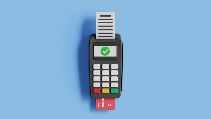 Paying for purchases with a credit card. Online payment terminal concept. Pos terminal. Contactless payment transaction. 3D pos terminal with bank card and receipt. 4k 3d animation