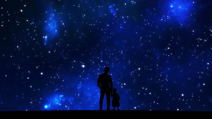 Silhouette of father and daughter against a starry sky and stars flying by. Parent and child on the background of blue fantastic constellations. High quality 4k footage