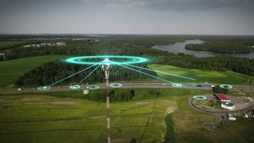 Telecommunication communication tower distributes signals to cars driving nearby. Autonomous vehicles exchange data. Concept:Car Scan, GPS Tracking, Smart Roads, Radio Waves, IoT, Traffic Control 4k.  - Powered by Shutterstock - Get 15% off with code: PIKWIZARD15