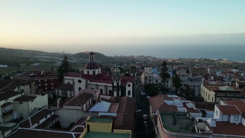 Aerial drone view of historic buildings and the Church of Our Lady of Conception in La Orotava, Tenerife, Canary Islands, Spain.