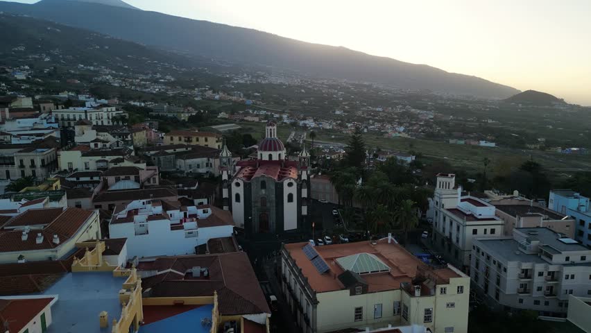 Aerial drone view of historic buildings and the Church of Our Lady of Conception in La Orotava, Tenerife, Canary Islands, Spain.