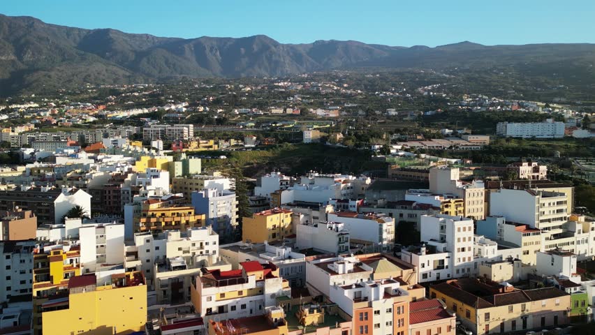 Aerial view of La Orotava city in Tenerife, Canary Islands, Spain at sunset. Historic and modern buildings in spanish island city.