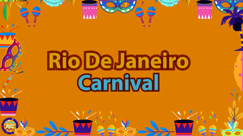 Braziliana carnival footage party celebration intro animation, with feather masks, drumsticks and party decorations. for the Rio de Janeiro Carnival celebrations