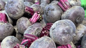 Close up of red beets Many fresh vegetable on local market. Fresh beetroot on new zealand fresh market. High quality 4k footage
