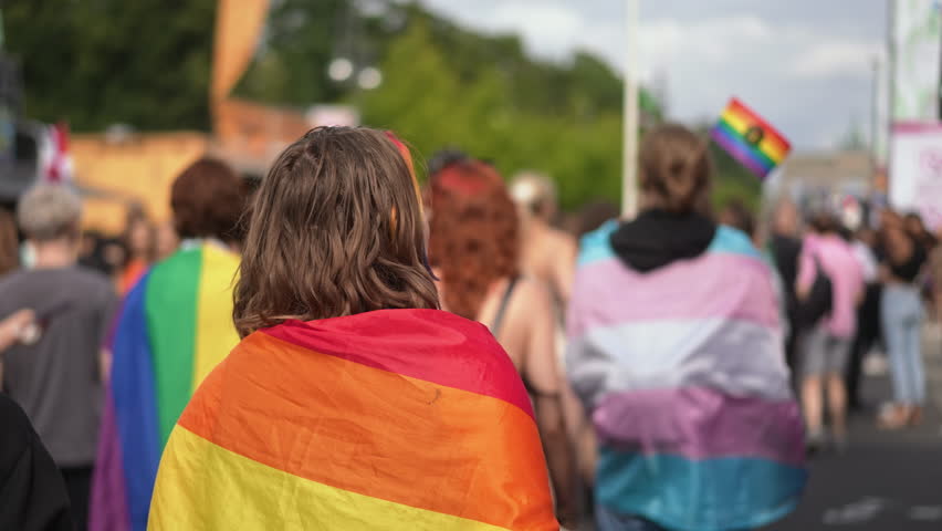 People enjoy lgbt pride parade. Same sex love concept. Dressed up bi woman wear rainbow flag. Joy free gay walk city street. Happy csd lgbtq fest. Fun coming out party. Queer culture festival month.