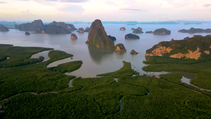 panorama view of Sametnangshe, view of mountains in Phangnga Bay with mangrove forest in Andaman sea with evening twilight sky, travel destination in Phangnga, Thailand Royalty-Free Stock Footage #3433388301