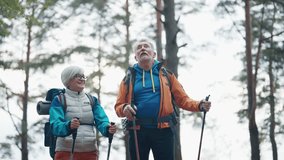 Senior hikers hike on nature autumn landscape holding nordic sticks talking discussing route. Tourists man woman trekking carrying backpacks with touristic equipment. Nordic walking tourism concept. - Powered by Shutterstock - Get 15% off with code: PIKWIZARD15