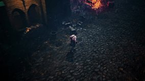 Animation of the hero fighting the npc targets in the action game forest level. Animation of the battle against mission monster in an action game. Animation of the warrior dying in the action game.