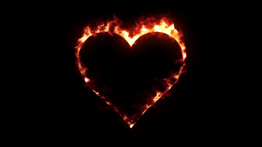 Heart burning with red flame, black background