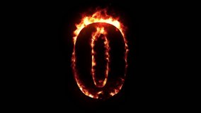 Number 0 burning with red flame, black background

