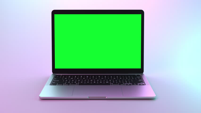 Laptop opening with green screen for content replacement, mockups or advertising. 3D Illustration