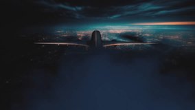 Back view of Commercial Passenger Jet Plane Flying Above Night City, Distant Lights and Dark Clouds in Moonlight - Powered by Shutterstock - Get 15% off with code: PIKWIZARD15