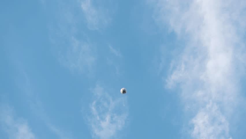 Baseball Catch Success By Fielder Wearing Glove, High Ball From Sky Slow Motion. American Sport And Exercise Outside With Blue Sky. Young Man White Caucasian.