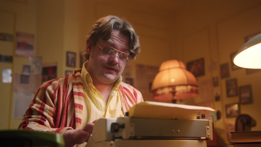 old-fashioned writer in a robe pens poems and articles for a newspaper column. The creative man with glasses and a mustache radiates a vintage charm in his attire and workspace. Royalty-Free Stock Footage #3433522101
