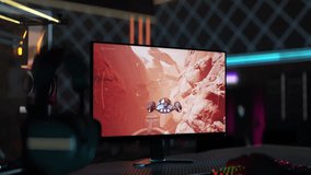 Animation of the futuristic universe exploration digital pc simulator game. Animation of the spaceship vehicle flying on a pc game map. Animation of the mockup fake pc video game world.