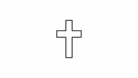 Animated cross icon. Christian symbol line animation. He is risen. Holy glow. Resurrection sunday. Black illustration on white background. HD video with alpha channel. Motion graphic