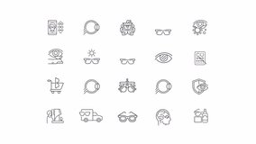 Eye care animation set. Vision protection animated line icons. Equipment maintenance. Perception testing. Black illustrations on white background. HD video with alpha channel. Motion graphic