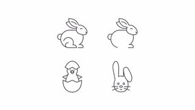 Animated animals icons. Easter mascots line animation library. Cute rabbits. Newborn chick. Happy easter. Black illustrations on white background. HD video with alpha channel. Motion graphic