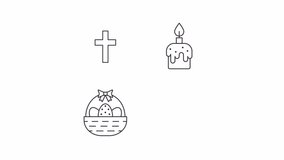 Christian holiday animation library. Animated easter linear icons. Traditional holiday. Resurrection sunday. Black illustrations on white background. HD video with alpha channel. Motion graphic