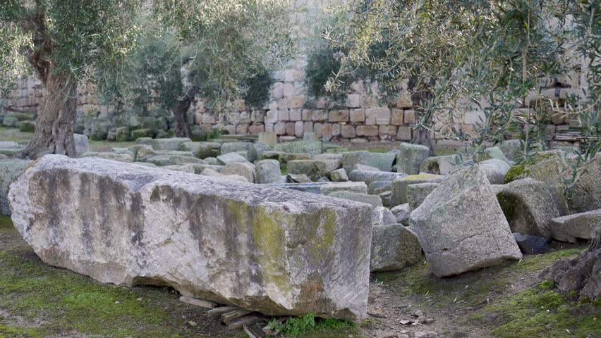 remains of granite blocks used in Roman burials, Alcazaba de Mérida, Badajoz, Spain. February 5, 2024.