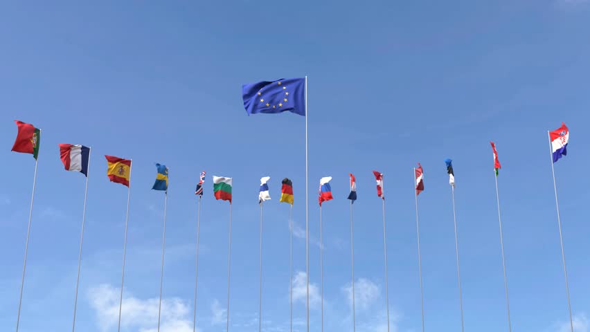 Looping video of European Union Countries flag Waving on blue sky background, Loop Animation European Union flags, World national flags - Powered by Shutterstock - Get 15% off with code: PIKWIZARD15