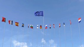 Looping video of European Union Countries flag Waving on blue sky background, Loop Animation European Union flags, World national flags