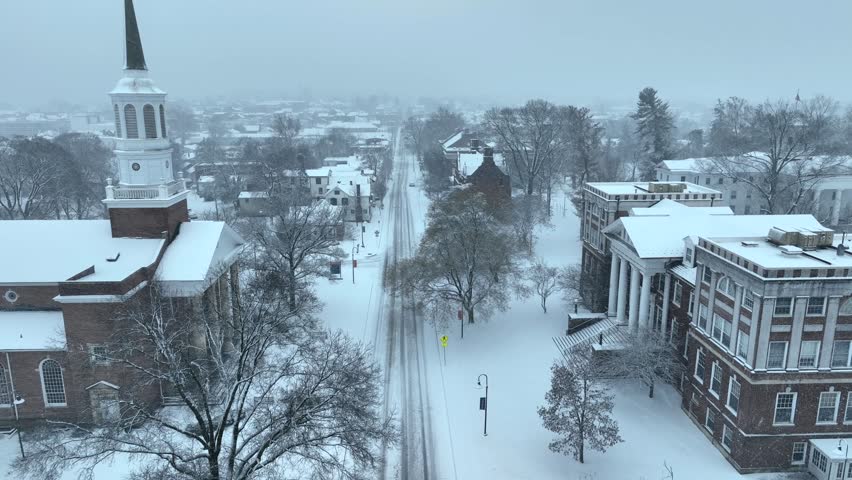 Aerial view of a college campus covered in snow. Winter snowfall over Gettysburg College in Pennsylvania.