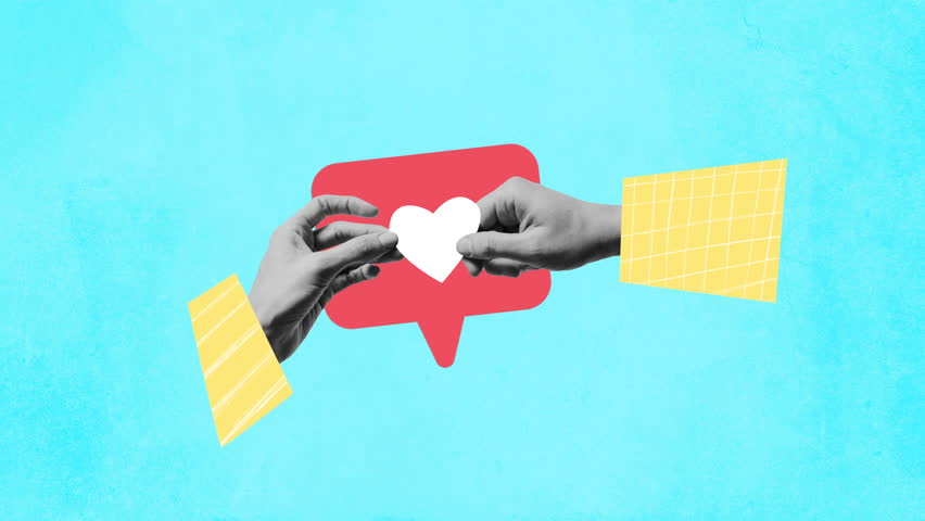 Hands are holding white heart in red like bubble shape. We like valentines day. Contemporary art digital animated collage. Concept of appreciate. Can be used like social media banner.
