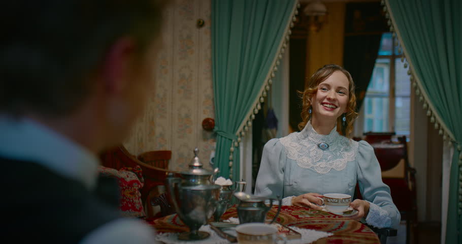 nobles people drinking tea in old house in 19th century, portrait of young woman, 4K, Prores