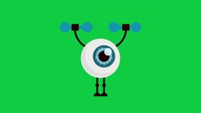 Eyeball cartoon doing exercise with dumbbells vector. Exercise, care and training of eye for better eyesight and vision.
