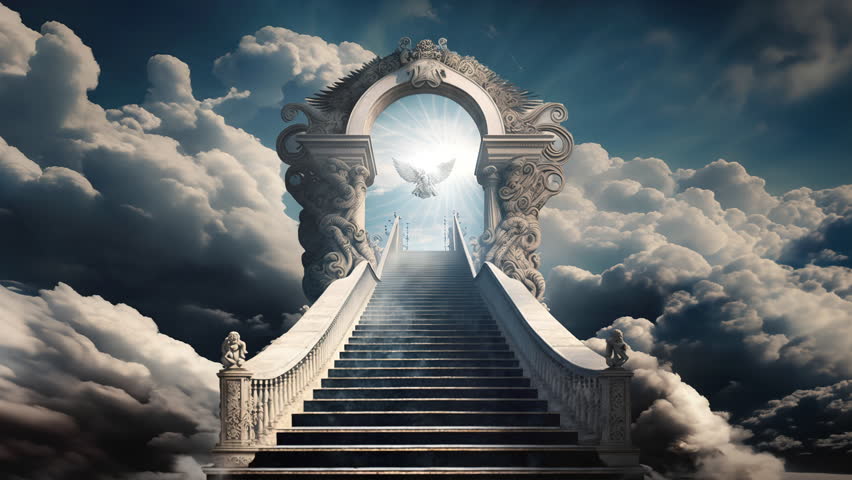 Animation Stairs in sky to heaven. Gateway to Paradise. Loop