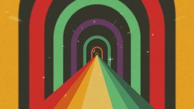 Looped retro dark colorful background with rainbow road and cosmic gates, pop art, grainy texture, 4k animation cartoon footage