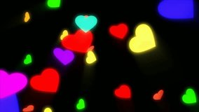 Endless animation of many colorful hearts in 3D rotation and flying on black screen. Valentine's day concept. love neon shower with chroma key.