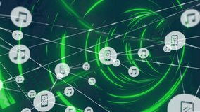 Animation of network of connections with icons over neon tunnel background. Global connections, computing and data processing concept digitally generated video. - Powered by Shutterstock - Get 15% off with code: PIKWIZARD15