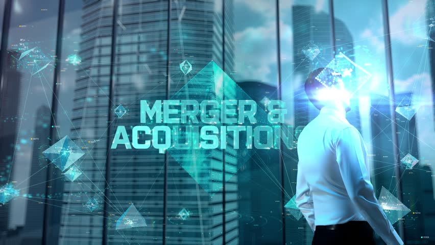 Merger Acquisitions. Businessman Working in Office among Skyscrapers. Hologram Concept