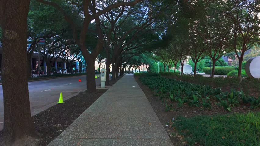 Walking along a sidewalk next to Discovery Green in Houston with trees