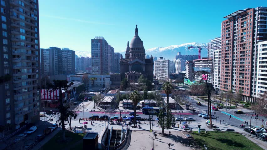 Cathedral Church At Santiago Metropolitan Region Chile. Church Belief. Business Clouds Sky Downtown Cityscape. Business Drone View Downtown Backgrounds Panoramic City.