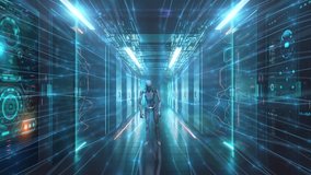 Featuring a long, modern server room hallway and a white android robot at its center, this video brings the concept of AI to life - Powered by Shutterstock - Get 15% off with code: PIKWIZARD15