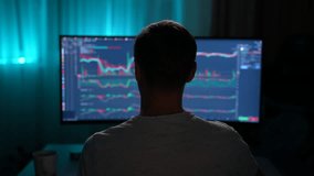 Rear view of unrecognizable financial male analyst using computer with display showing real-time stocks, exchange market charts, drinking coffee. Remote working trader making e-commerce investment. - Powered by Shutterstock - Get 15% off with code: PIKWIZARD15
