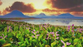 The sun rises over a beautiful lake, with mountains and colorful flowers in the background. Clouds are moving, birds and butterflies are flying around, seamless Looping 4K for wallpaper or background 