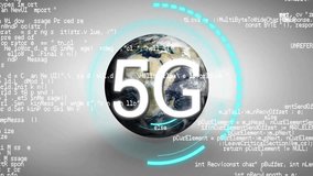 Animation of 5g text, globe scope scanning and data processing over grey background. Global shipping, business, connections, computing and data processing concept digitally generated video. - Powered by Shutterstock - Get 15% off with code: PIKWIZARD15