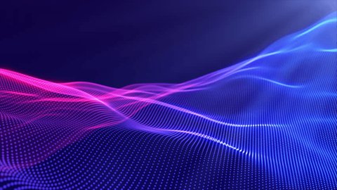 Abstract gradient particle waves seamlessly flowing with soft light and bokeh. Fucsia and blue digital waves. Technology, engineering, science and artificial intelligence background. 4k loop. Stockvideo