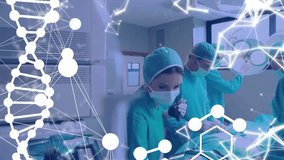 Animation of dna and networks over diverse surgeons and patient in operating theatre. Digital interface, surgery, healthcare, teamwork, connection and communication, digitally generated video.