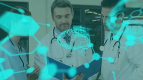 Animation of data processing and chemical formula over caucasian doctors talking in hospital. Medicine, discussion and digital interface, digitally generated video. - Powered by Shutterstock - Get 15% off with code: PIKWIZARD15