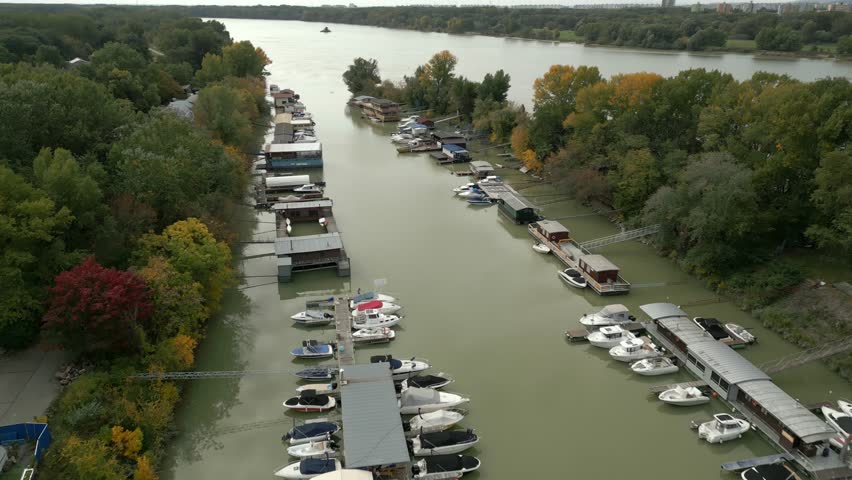 Aerial shot of Houseboats on Danube river in Bratislava Capital of Slovakia, Autumn