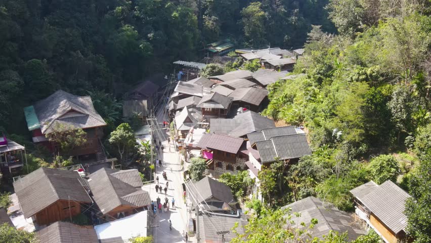 Aerial Flying Over Mae Kampong Village Rooftop Located At Chiang Mai Province. Push Forward, Tilt Down Towards Street Royalty-Free Stock Footage #3434086939