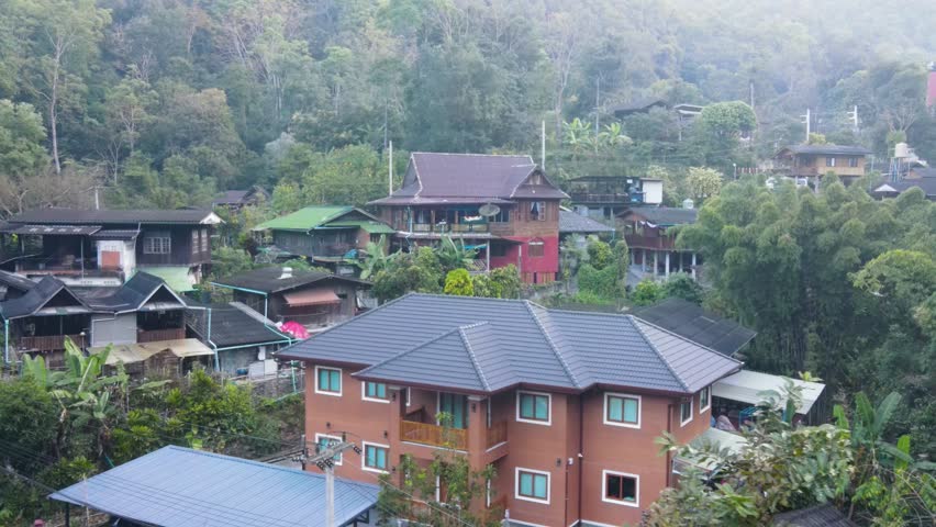 Mae Kampong Village Buildings At Chiang Mai Province. Aerial Dolly Royalty-Free Stock Footage #3434086985